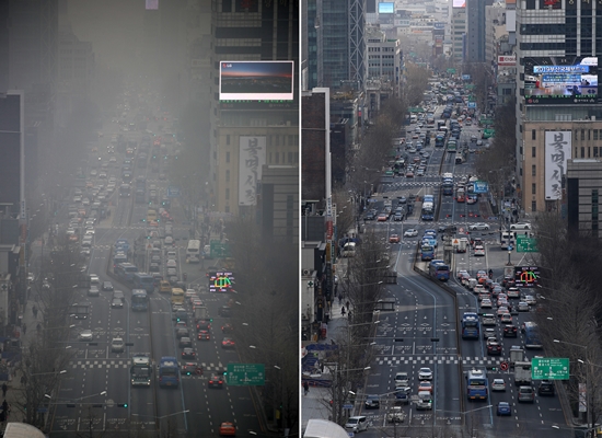 미세먼지 농도가 좋음에서 보통으로 예보된 13일 서울 종로구 일대가 맑은 모습(오른쪽)을 보이고 있다. 왼쪽은 미세먼지 비상저감조치가 발령된 지난 5일 같은 장소의 모습.