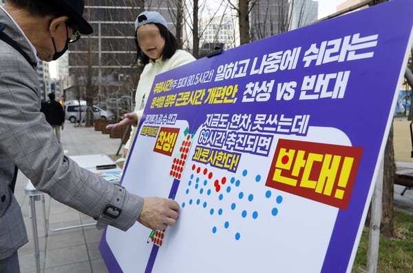 민주노총 회원들이 22일 서울 청계천 한빛광장에서 인근 직장인을 대상으로 정부 근로시간 개편안 찬반 스티커 투표를 하고 있다. 사진제공 : 뉴시스