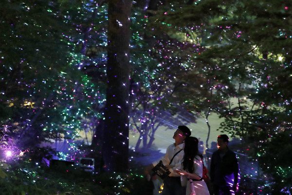 지난 6월8일 서울 청와대 야간관람 '청와대 밤의 산책'을 찾은 시민들이 경관조명으로 꾸며진 소정원 인근 길을 걷고 있다. 사진제공 : 뉴시스